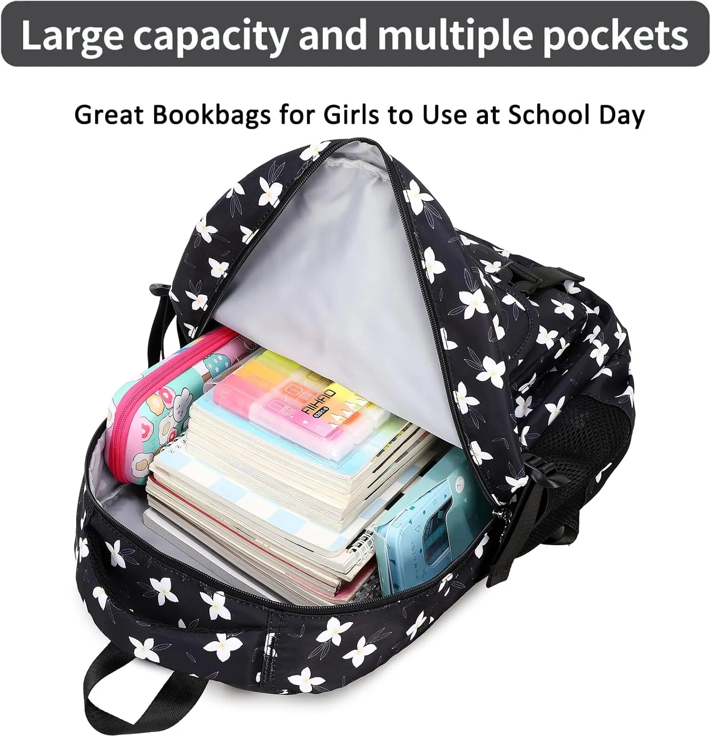 Joyfulife Girls Backpack with Lunch Box (Black), Large