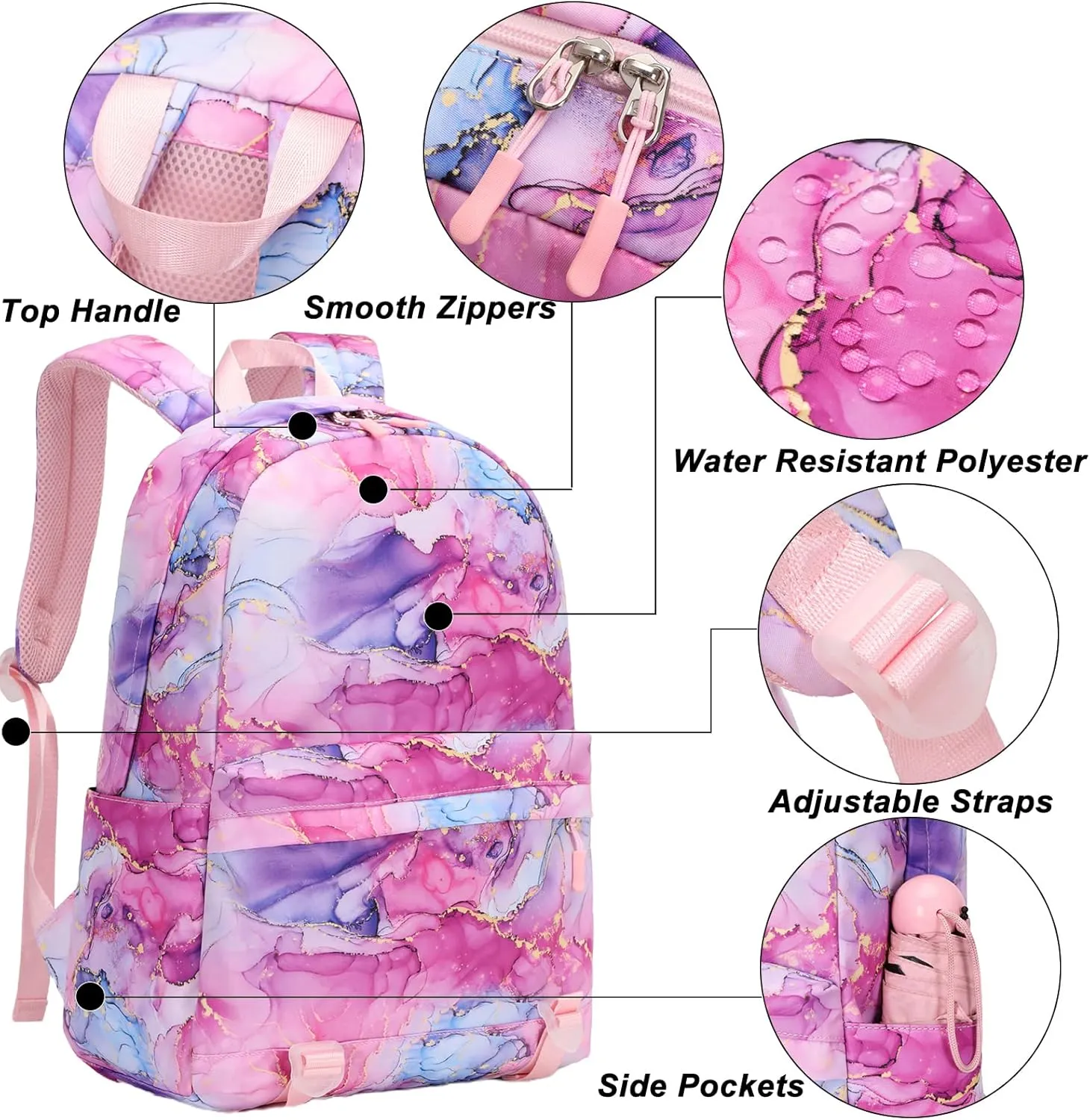 Joyfulife School Backpack for Girls Backpack with Lunch Box Lightweight Water Resistant Marble Backpack Bookbags Set