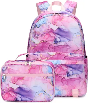 Joyfulife School Backpack for Girls Backpack with Lunch Box Lightweight Water Resistant Marble Backpack Bookbags Set