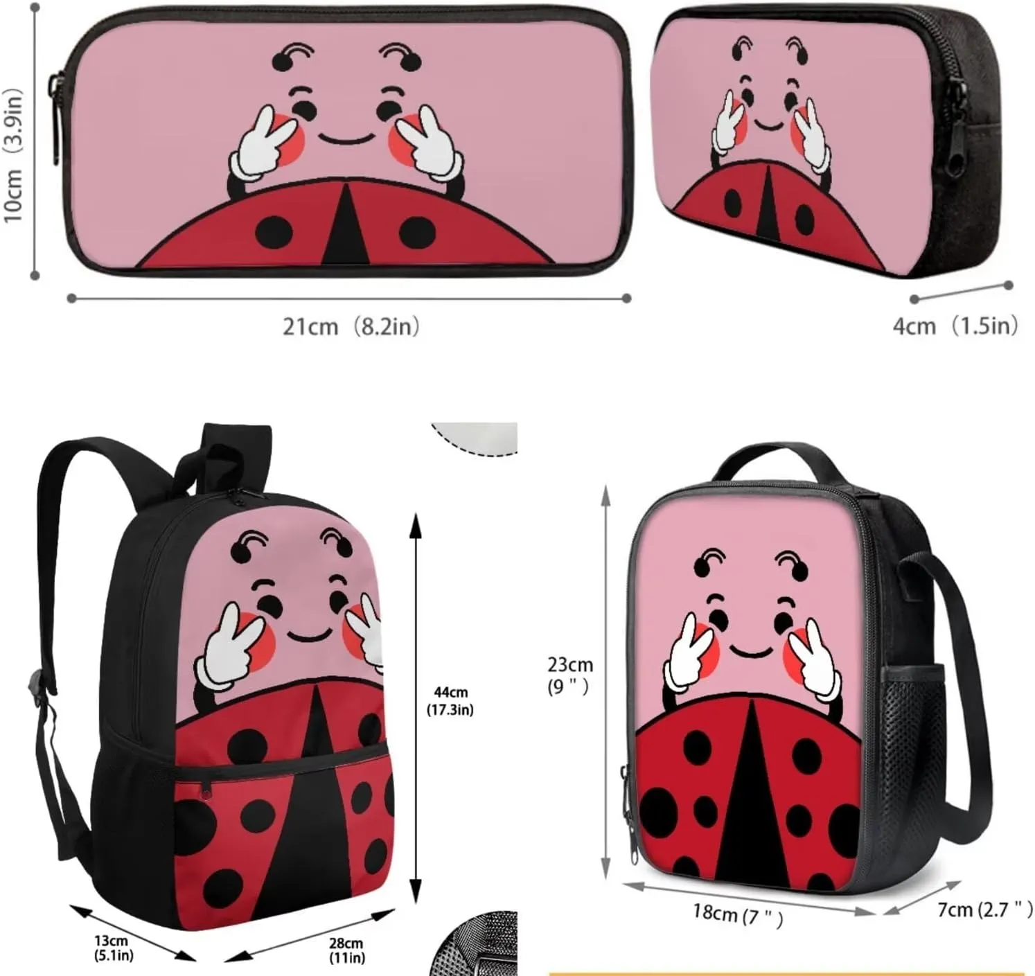 JoyLamoria 3pcs Crossbody Bag Set Lunch Pouch Shoulder Bag Casual Pencil Bag Clutch Purse Lunch Bag Storage, Cute Beetle Print