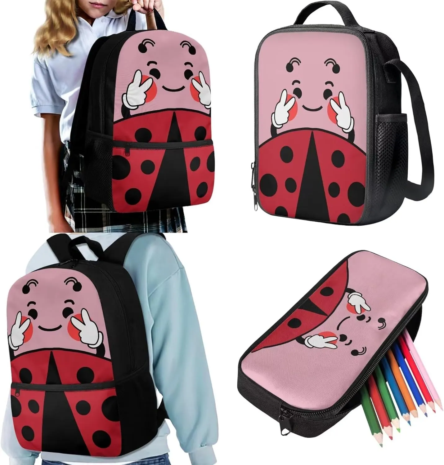 JoyLamoria 3pcs Crossbody Bag Set Lunch Pouch Shoulder Bag Casual Pencil Bag Clutch Purse Lunch Bag Storage, Cute Beetle Print