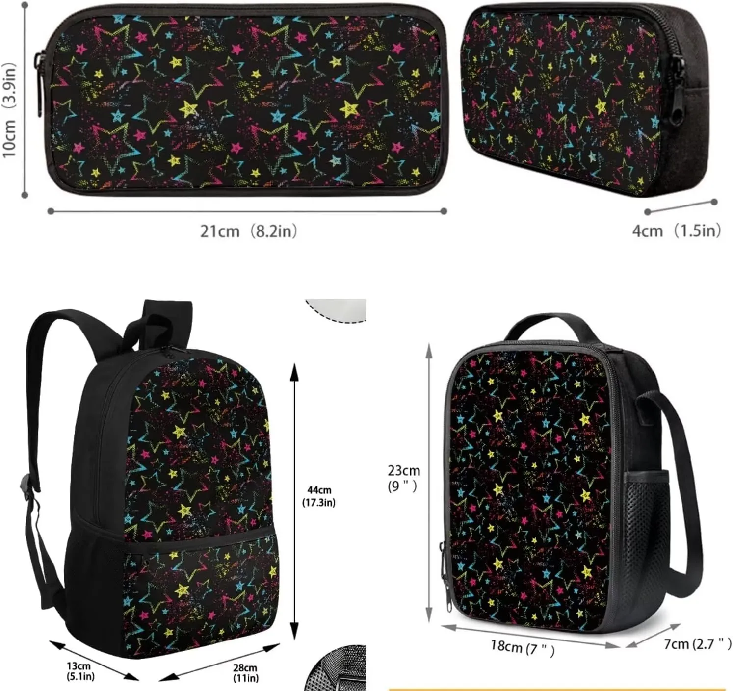 JoyLamoria Bling Star Print Backpack Messenger Bag Crossbody Printed Lunch Case Lunch Bag Pencil Case Pencil Bag with Pocket, Set of 3