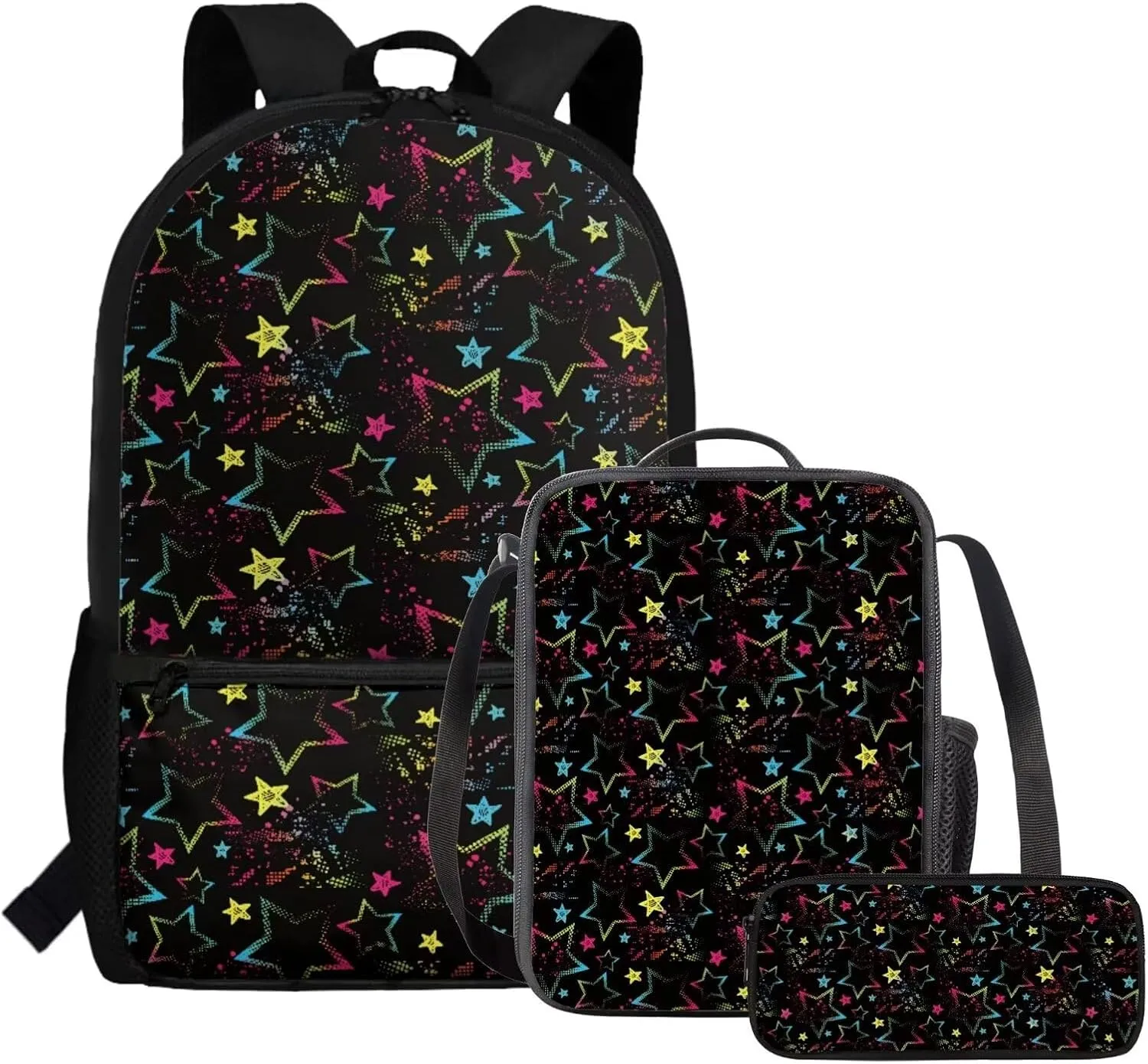 JoyLamoria Bling Star Print Backpack Messenger Bag Crossbody Printed Lunch Case Lunch Bag Pencil Case Pencil Bag with Pocket, Set of 3