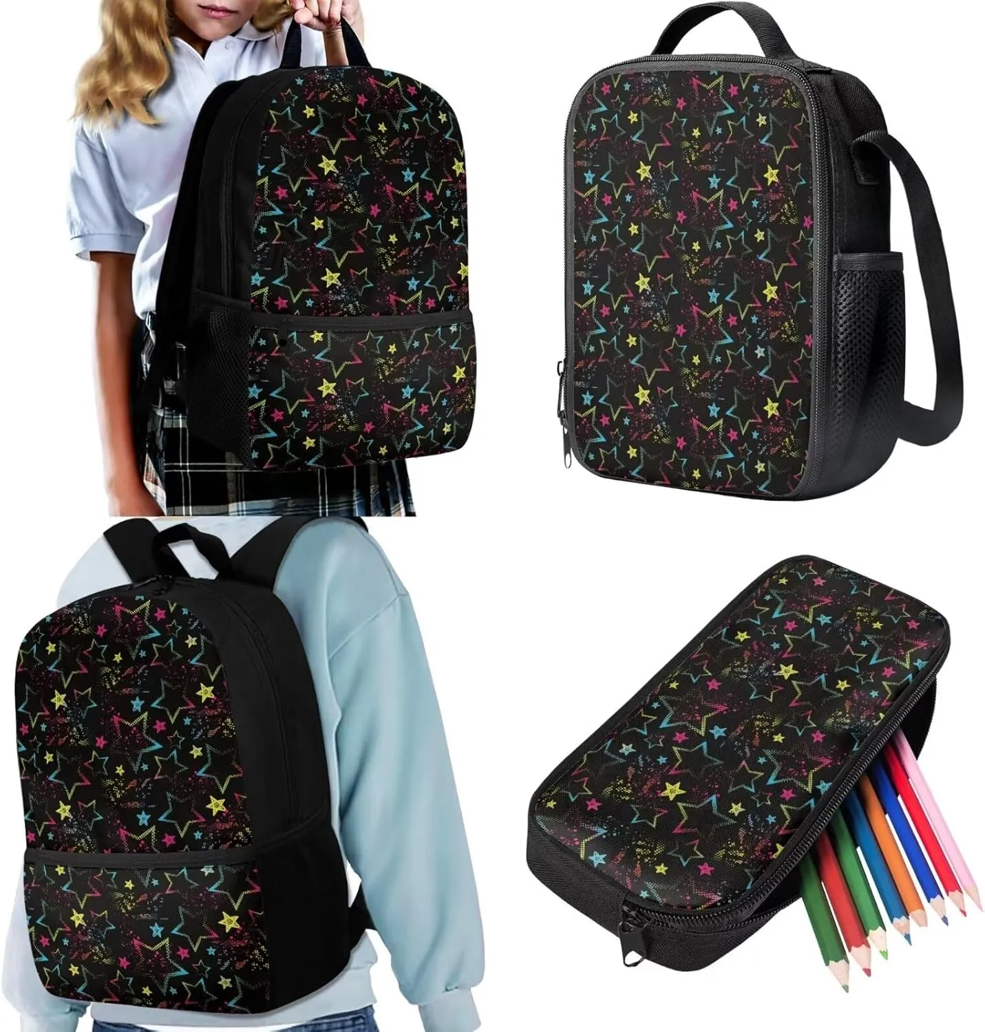 JoyLamoria Bling Star Print Backpack Messenger Bag Crossbody Printed Lunch Case Lunch Bag Pencil Case Pencil Bag with Pocket, Set of 3