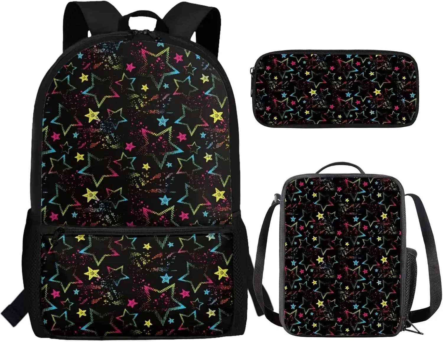 JoyLamoria Bling Star Print Backpack Messenger Bag Crossbody Printed Lunch Case Lunch Bag Pencil Case Pencil Bag with Pocket, Set of 3
