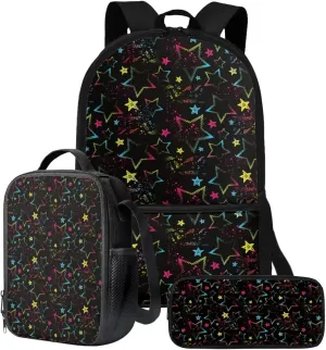 JoyLamoria Bling Star Print Backpack Messenger Bag Crossbody Printed Lunch Case Lunch Bag Pencil Case Pencil Bag with Pocket, Set of 3