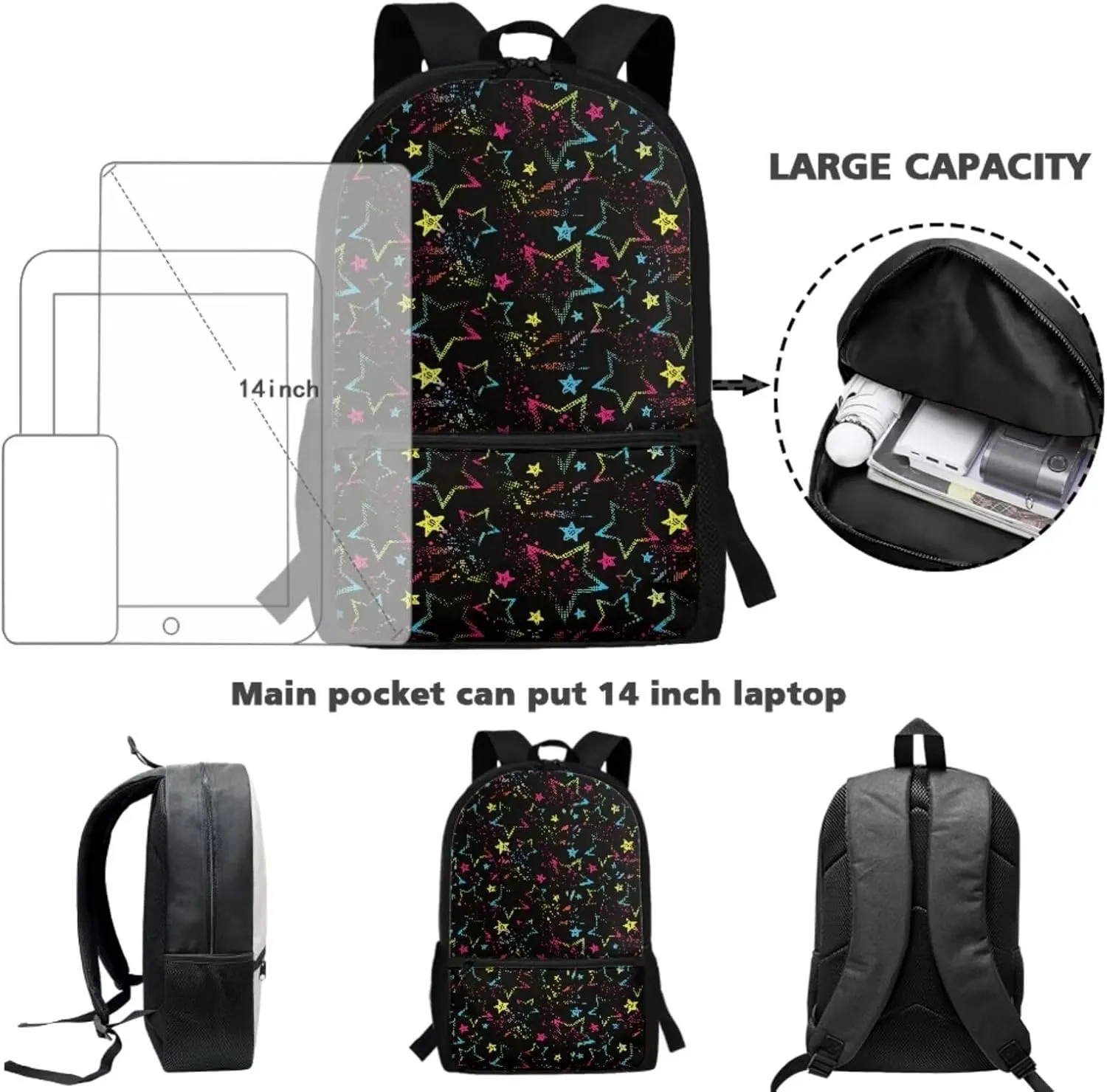 JoyLamoria Bling Star Print Backpack Messenger Bag Crossbody Printed Lunch Case Lunch Bag Pencil Case Pencil Bag with Pocket, Set of 3