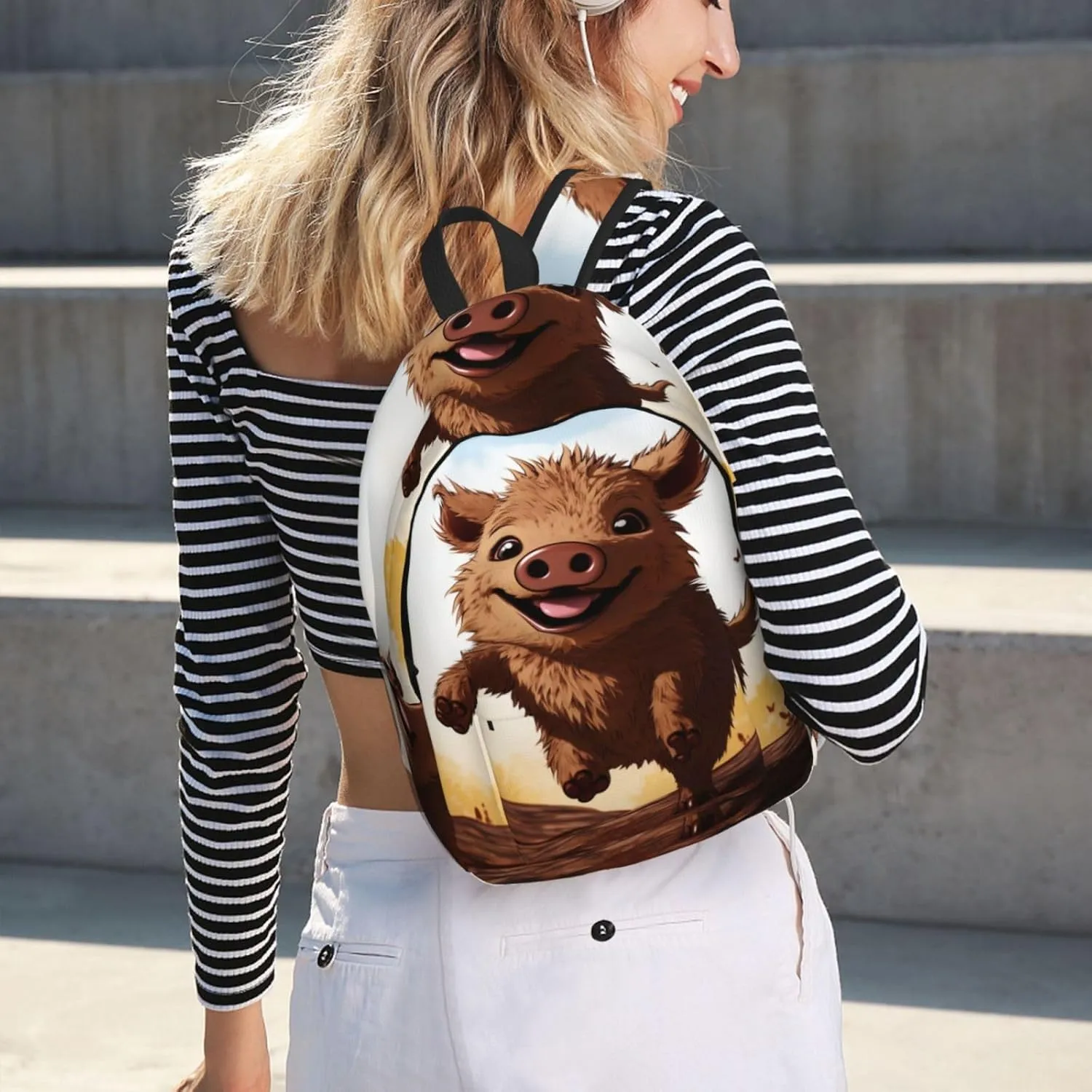 Jumping Boar Animation Large Canvas Backpack Lightweight Adjustable Laptop Bag Casual Backpack For Travel Work Medium