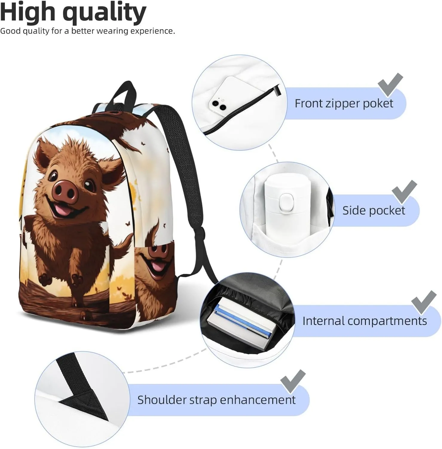 Jumping Boar Animation Large Canvas Backpack Lightweight Adjustable Laptop Bag Casual Backpack For Travel Work Medium
