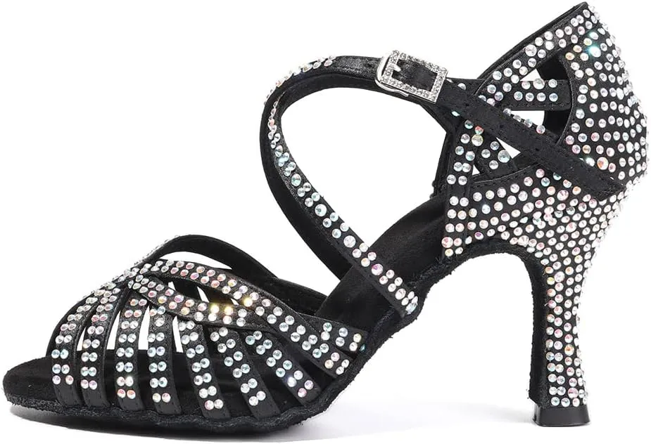 JUODVMP Women's Latin Salsa Dance Shoes Open-Toe Satin with Rhinestones Braided Ballroom Heels Model L380