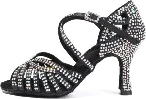 JUODVMP Women's Latin Salsa Dance Shoes Open-Toe Satin with Rhinestones Braided Ballroom Heels Model L380