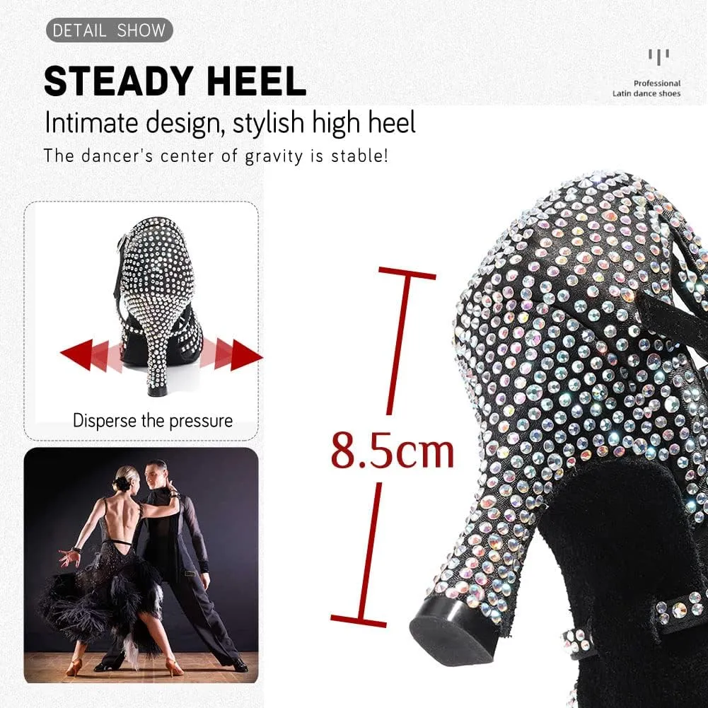 JUODVMP Women's Latin Salsa Dance Shoes Open-Toe Satin with Rhinestones Braided Ballroom Heels Model L380