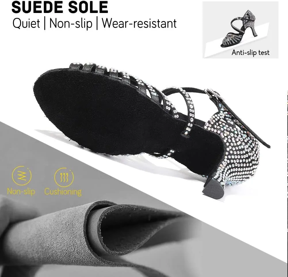 JUODVMP Women's Latin Salsa Dance Shoes Open-Toe Satin with Rhinestones Braided Ballroom Heels Model L380