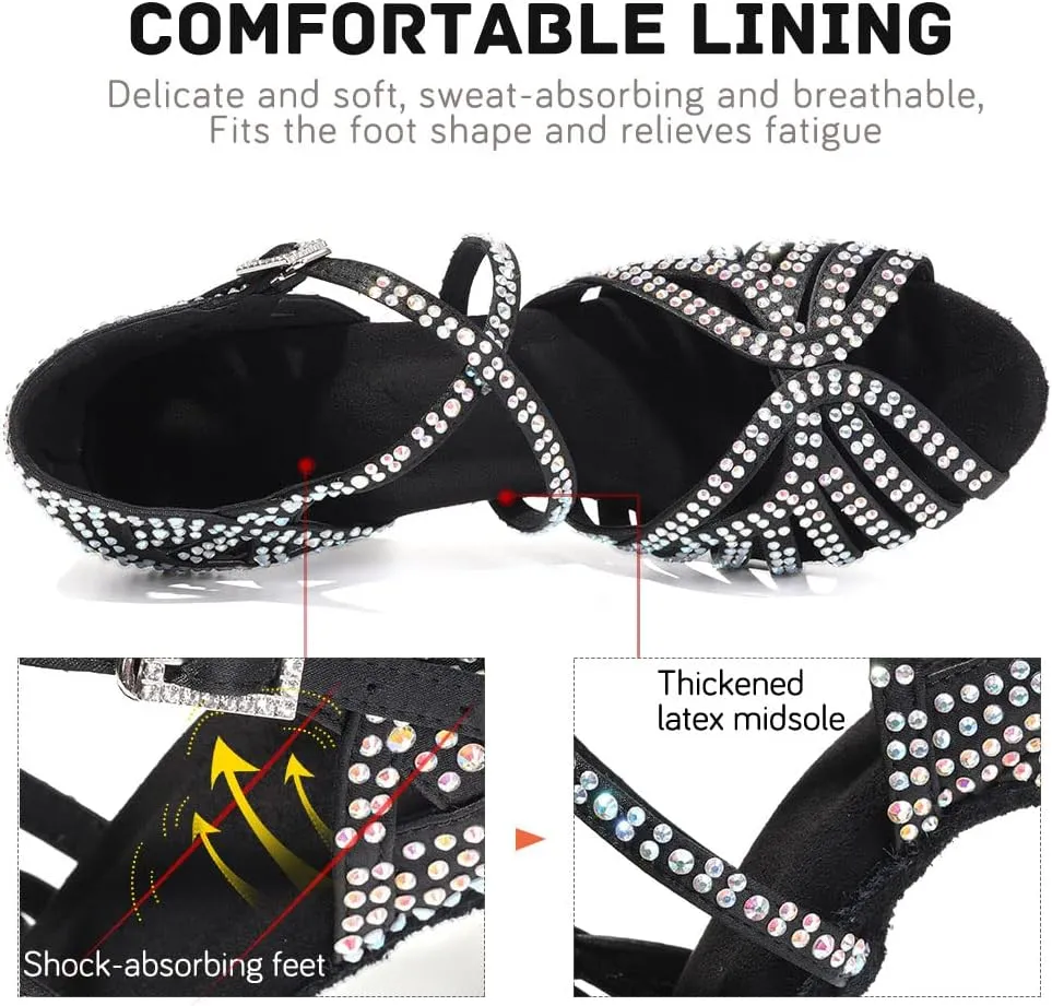 JUODVMP Women's Latin Salsa Dance Shoes Open-Toe Satin with Rhinestones Braided Ballroom Heels Model L380