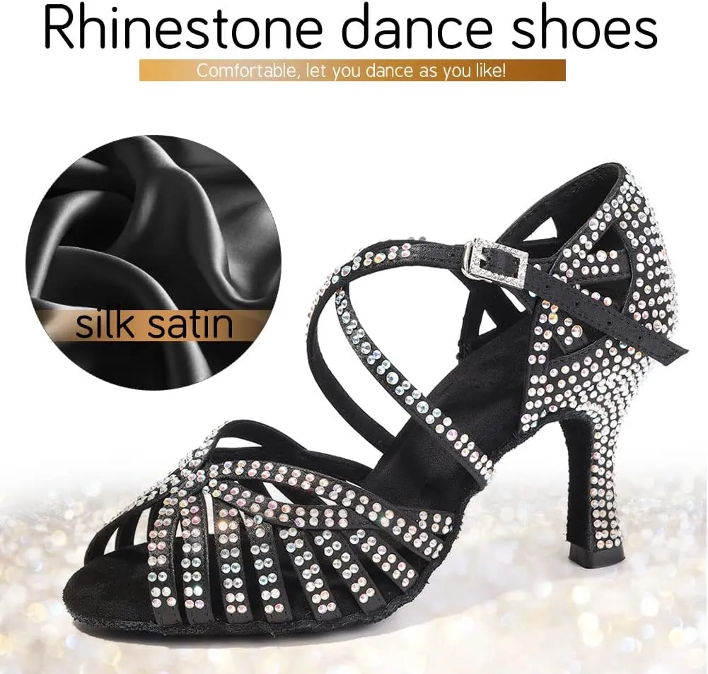 JUODVMP Women's Latin Salsa Dance Shoes Open-Toe Satin with Rhinestones Braided Ballroom Heels Model L380