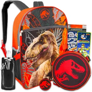 Jurassic World Backpack with Lunch Box - Bundle with T-Rex Backpack, Jurassic Park Lunch Box, Water Bottle, Stickers