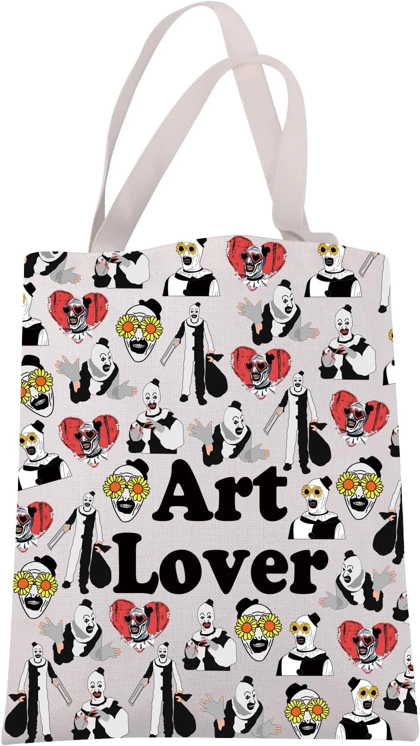 JXGZSO Funny Clown Canvas Tote Bag Horror Movie Lover Gift Art Was Here Halloween Themed Gift Pennywise Shoulder Bag