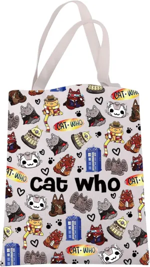 JXGZSO Who TV Show Series Lover Gift Canvas Tote Bag Cat Who Police Box Shoulder Bag Funny Dr Who Inspired Gift