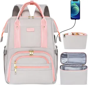 Kaome Lunch Backpack 15.6 Inch Laptop Backpack for Women with USB Port Nurse Gift Teacher Work Backpack Cooler Insulated Lunch Bag Waterproof Daypacks for Work Picnic Travel Anti-theft