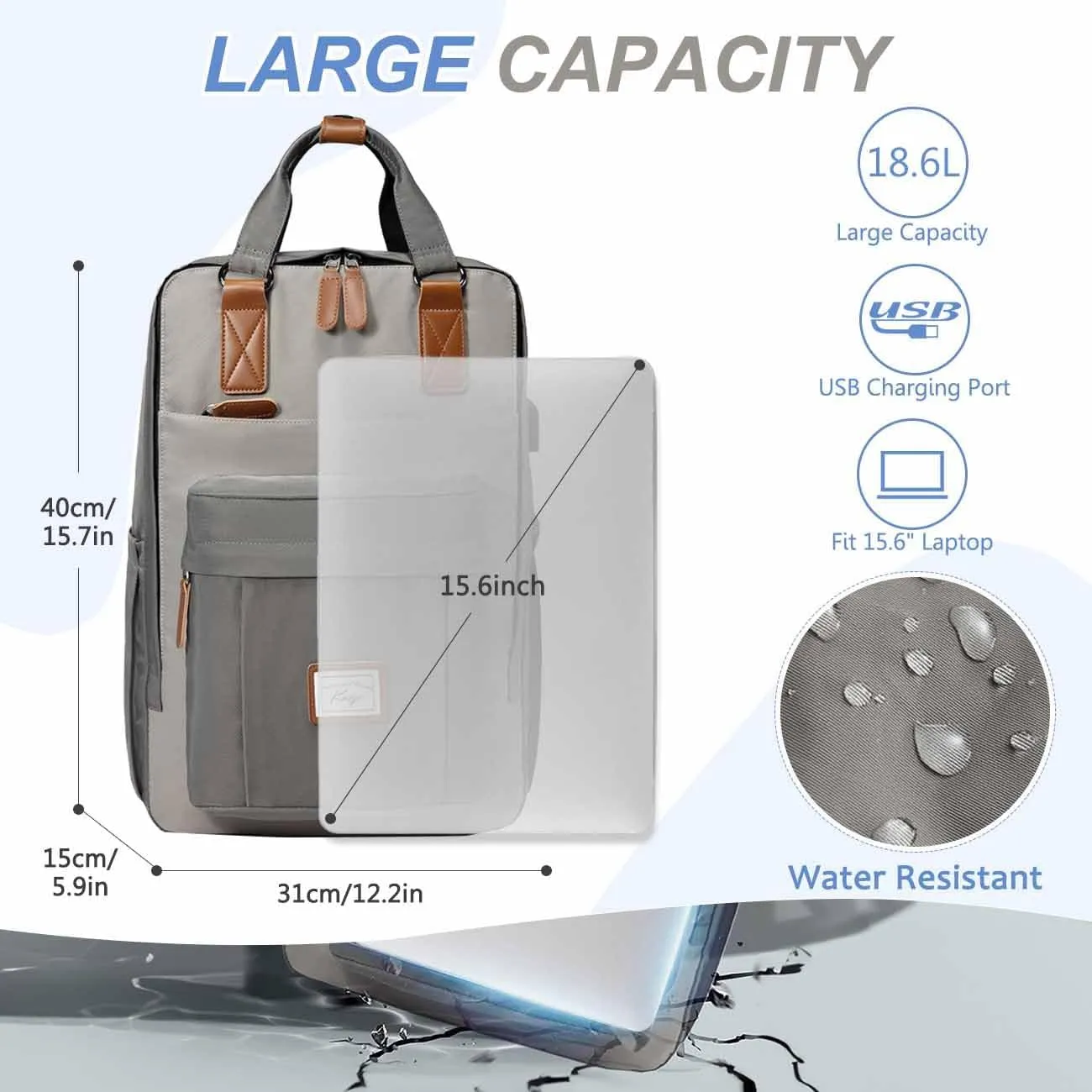 Kasqo Backpack for Women Men, 15.6" Classic Laptop Bookbag with USB Charging Port for College Travel Work