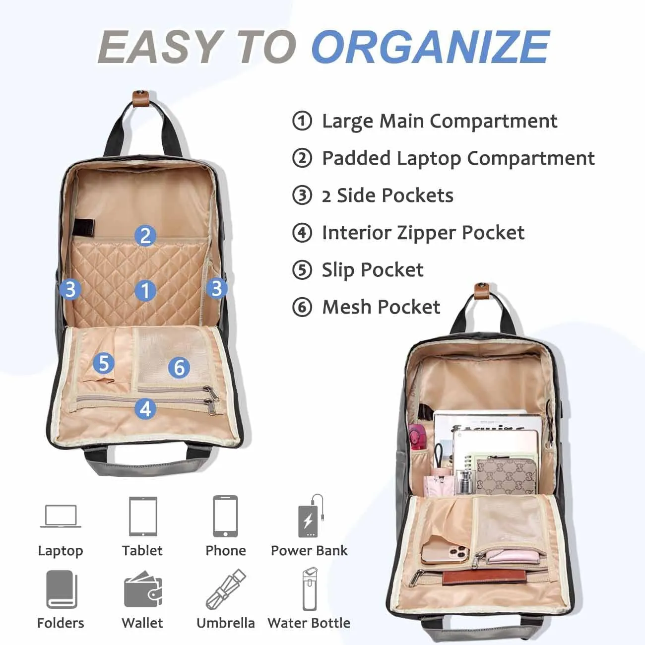Kasqo Backpack for Women Men, 15.6" Classic Laptop Bookbag with USB Charging Port for College Travel Work