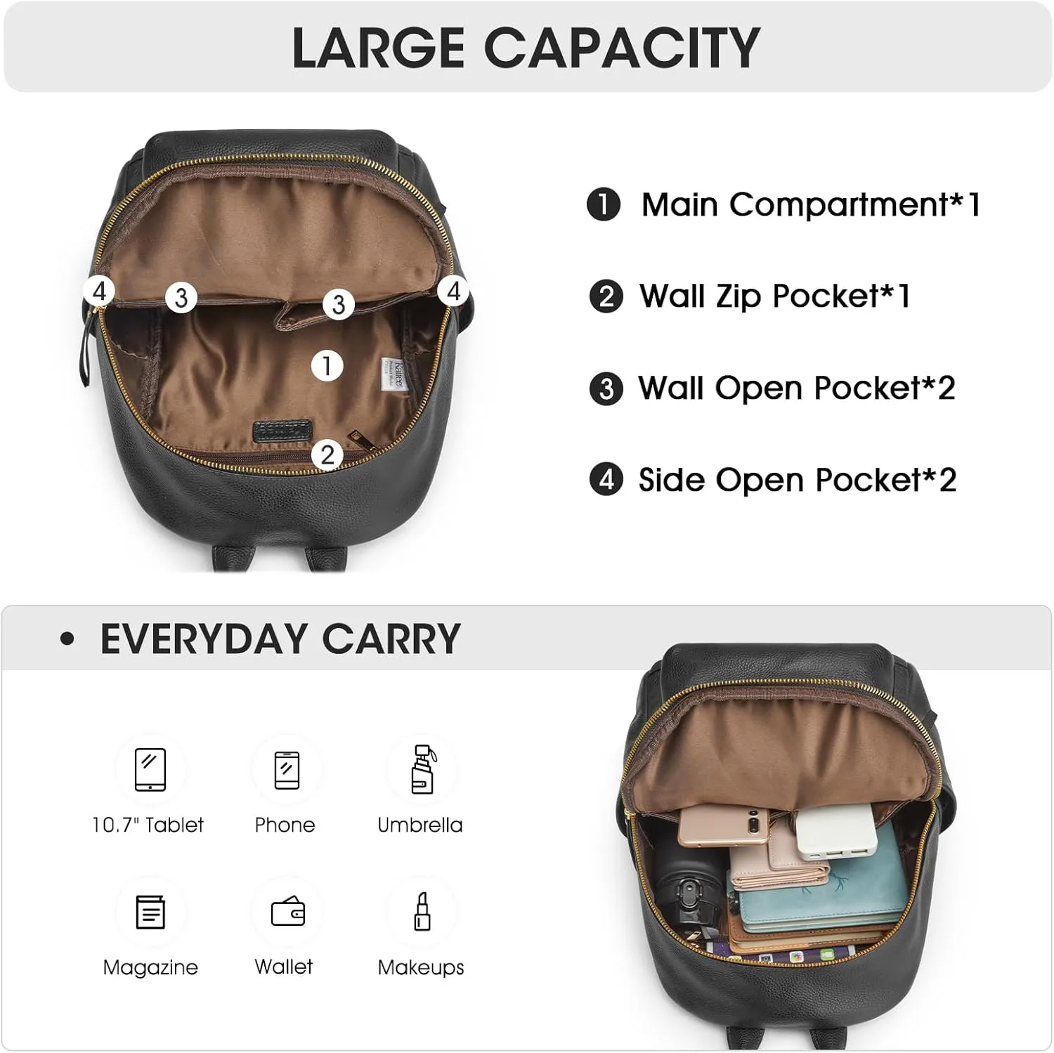 Kattee Genuine Leather Backpack Purse for Women Multi-functional Elegant Daypack Soft Leather Shoulder Bag Shopping Trip, Medium, Black
