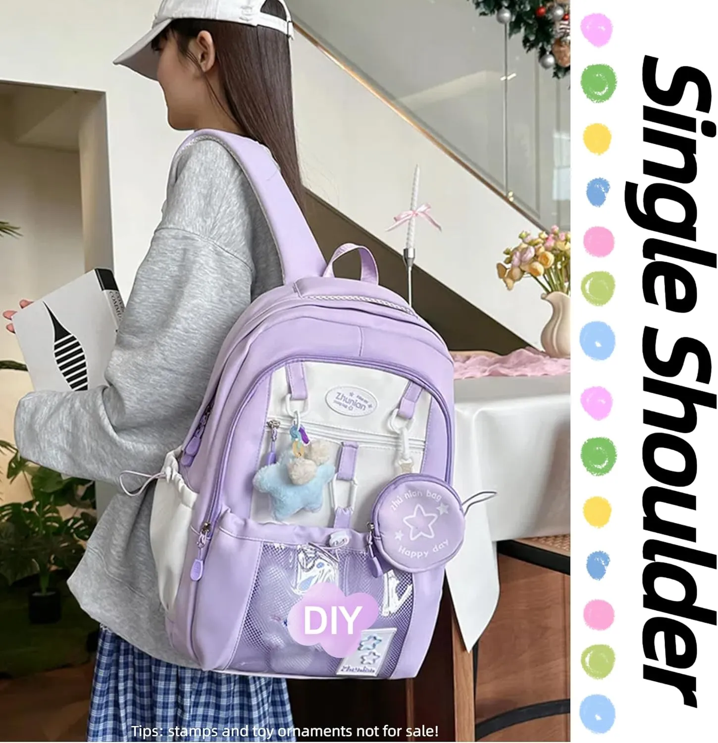 Kawaii Backpack Double Shoulder Bag with Cute Star Removable Pouch Clear Pocket Large Capacity Dopamine Colors Daypack (Clear Purple)