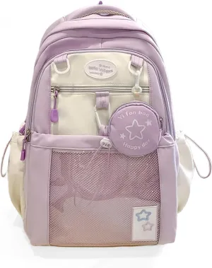 Kawaii Backpack Double Shoulder Bag with Cute Star Removable Pouch Clear Pocket Large Capacity Dopamine Colors Daypack (Clear Purple)