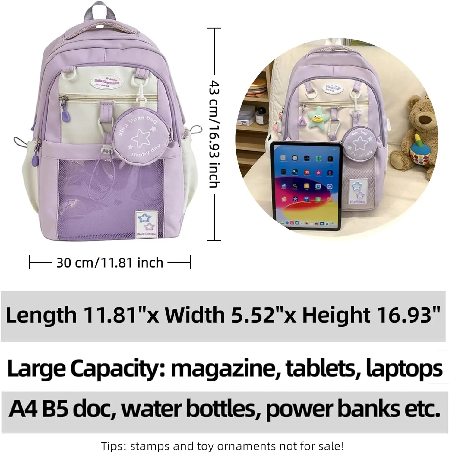 Kawaii Backpack Double Shoulder Bag with Cute Star Removable Pouch Clear Pocket Large Capacity Dopamine Colors Daypack (Clear Purple)