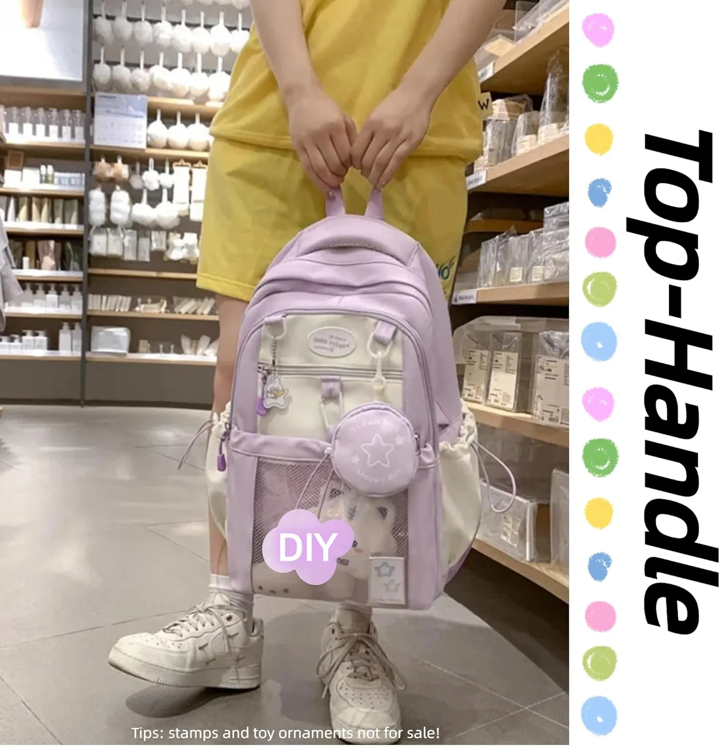 Kawaii Backpack Double Shoulder Bag with Cute Star Removable Pouch Clear Pocket Large Capacity Dopamine Colors Daypack (Clear Purple)