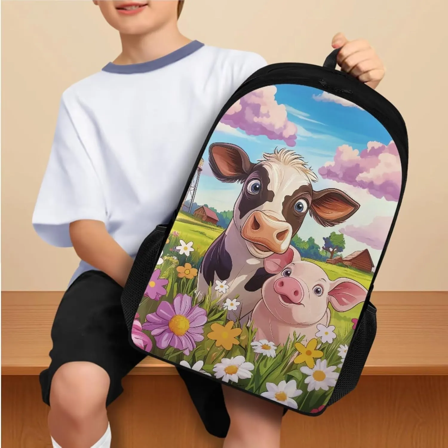 Kawaii Cow Backpack for Girl 14-16 4 Piece Book Bags with Lunch Box Insulated Pencil Box Water Bottle Large Capacity Purse Backpacks Teen Girl Bookbags of School Gifts