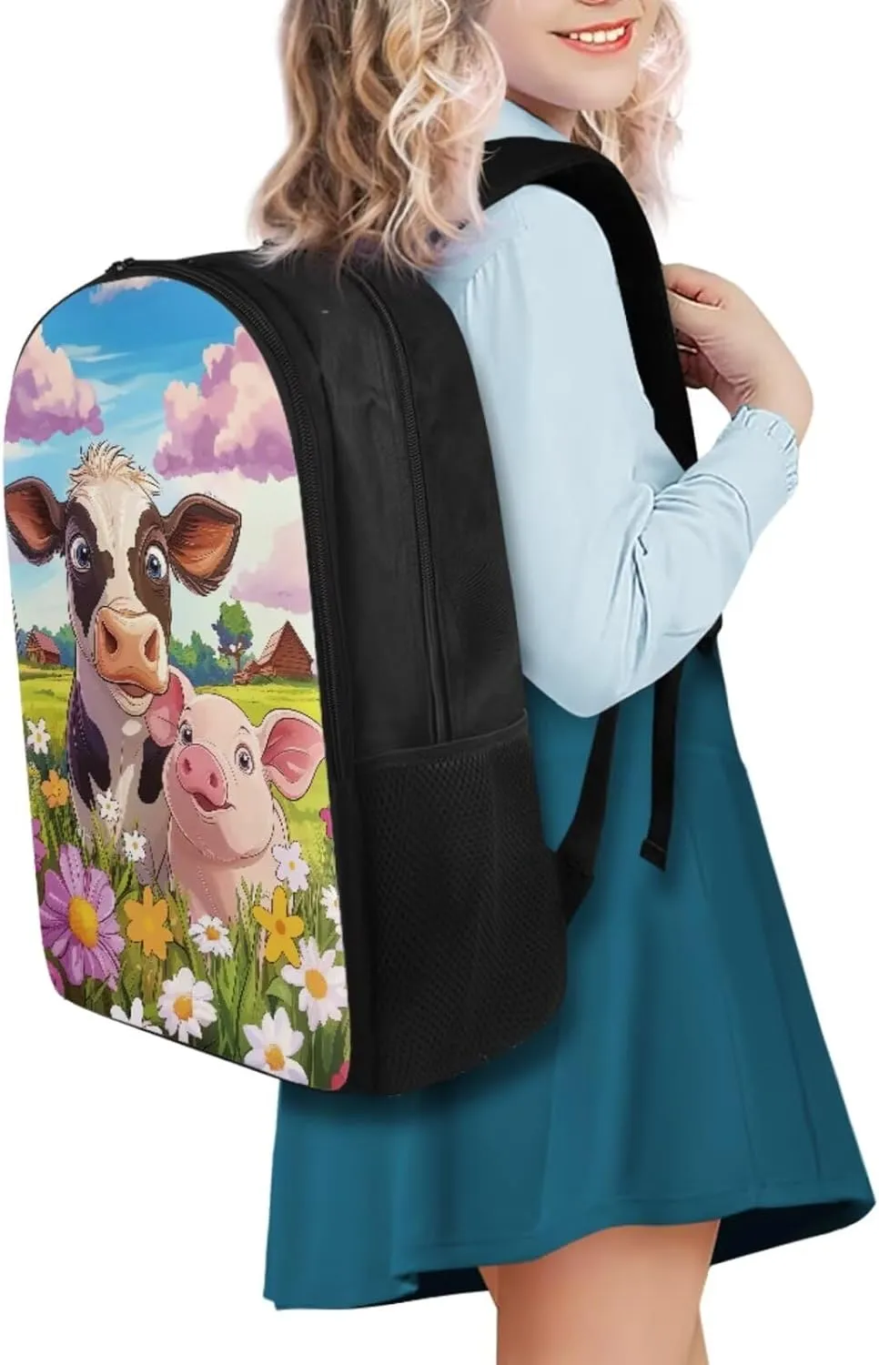 Kawaii Cow Backpack for Girl 14-16 4 Piece Book Bags with Lunch Box Insulated Pencil Box Water Bottle Large Capacity Purse Backpacks Teen Girl Bookbags of School Gifts