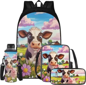 Kawaii Cow Backpack for Girl 14-16 4 Piece Book Bags with Lunch Box Insulated Pencil Box Water Bottle Large Capacity Purse Backpacks Teen Girl Bookbags of School Gifts