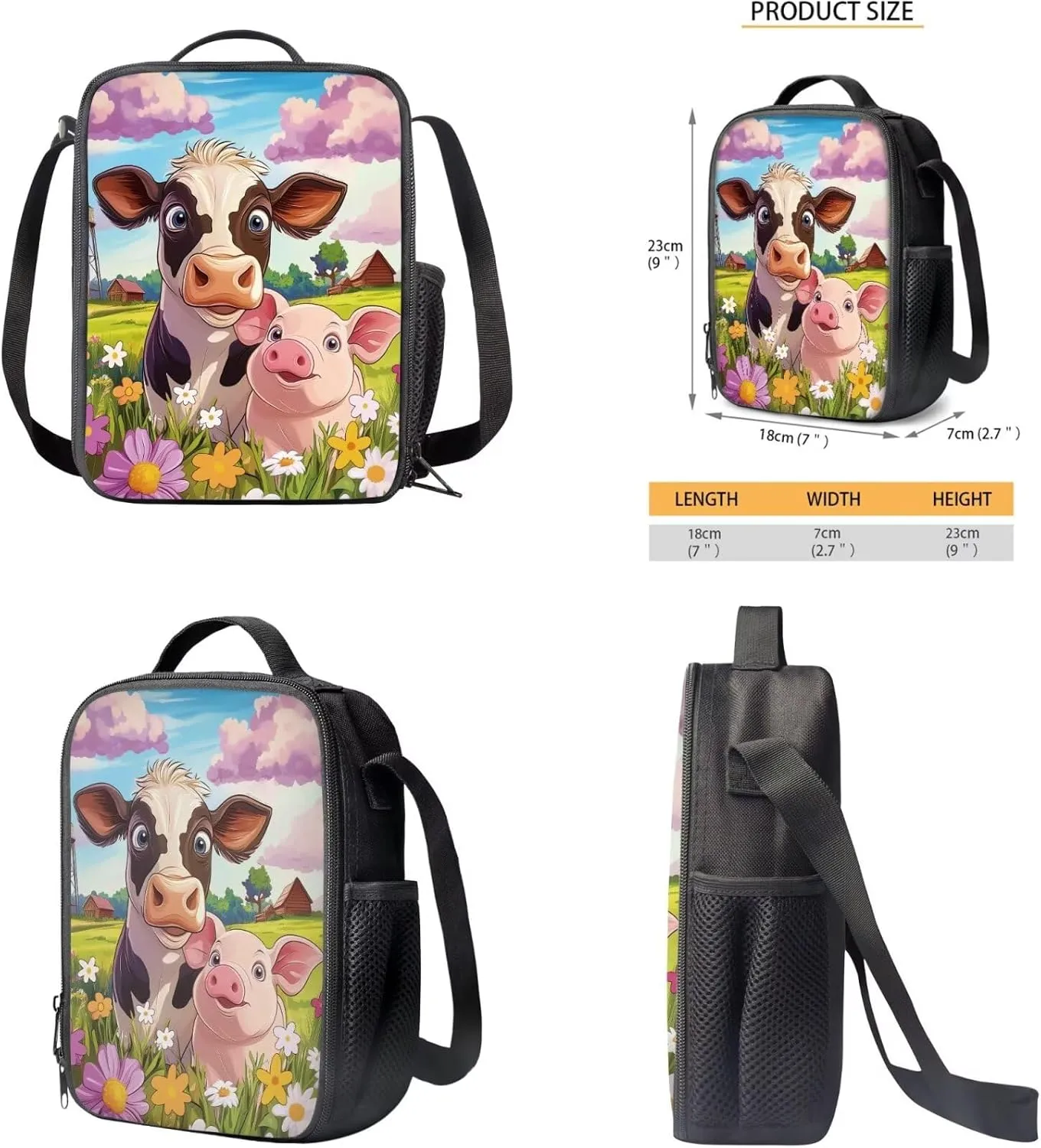 Kawaii Cow Backpack for Girl 14-16 4 Piece Book Bags with Lunch Box Insulated Pencil Box Water Bottle Large Capacity Purse Backpacks Teen Girl Bookbags of School Gifts