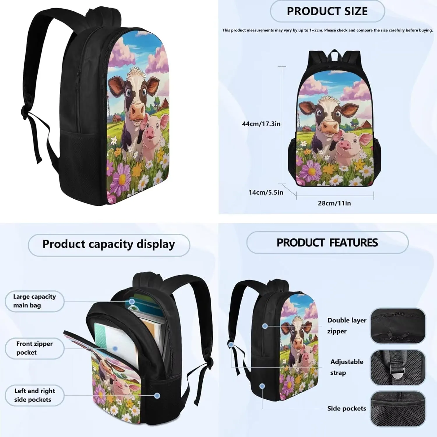 Kawaii Cow Backpack for Girl 14-16 4 Piece Book Bags with Lunch Box Insulated Pencil Box Water Bottle Large Capacity Purse Backpacks Teen Girl Bookbags of School Gifts