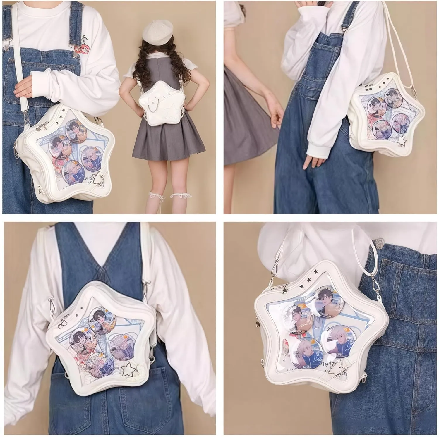 Kawaii Ita Bag Backpack Star Pins Display Crossbody Bag with Insert Y2k Aesthetic Cute Handbag for Anime Comic Con (White)