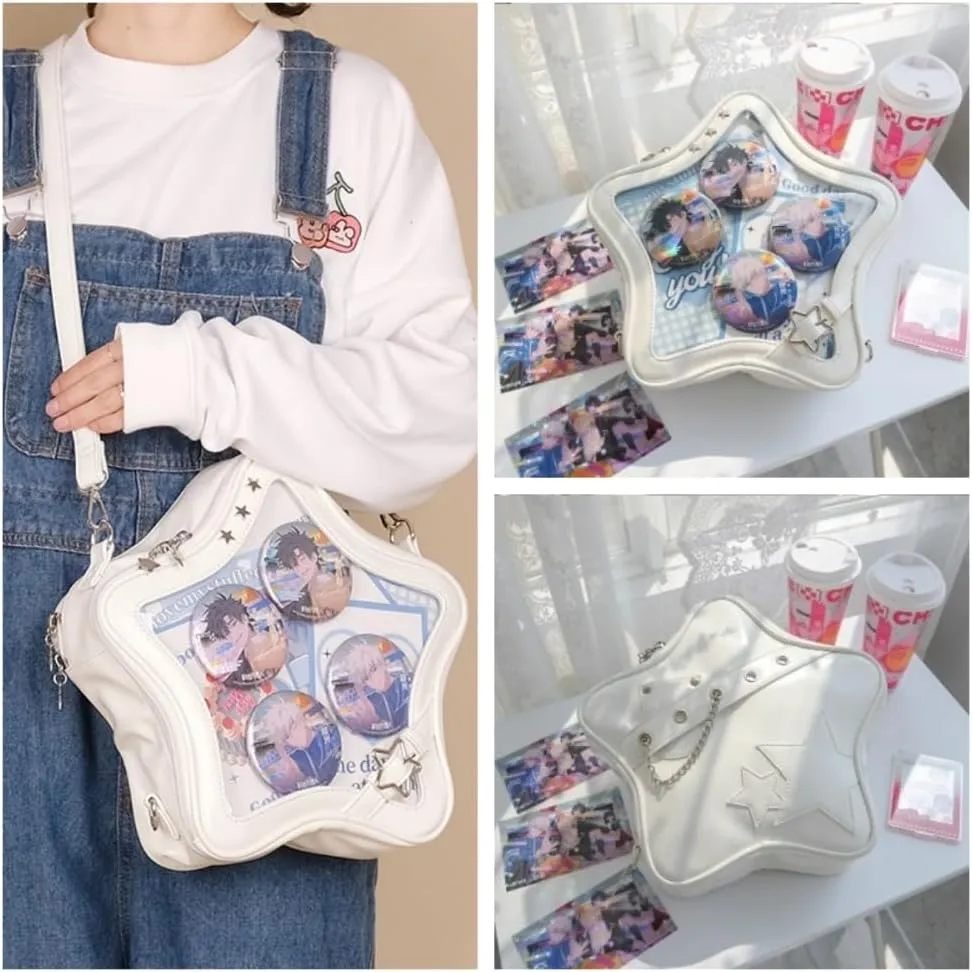 Kawaii Ita Bag Backpack Star Pins Display Crossbody Bag with Insert Y2k Aesthetic Cute Handbag for Anime Comic Con (White)