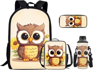 Kawaii Owl School Backpack for Girls Kids Backpack 17 Inch Sunflower Backpack Padded and Compartments 4 Piece Aesthetic Book Pack with Lunch Bag Pencil Case Fashion Rucksacks