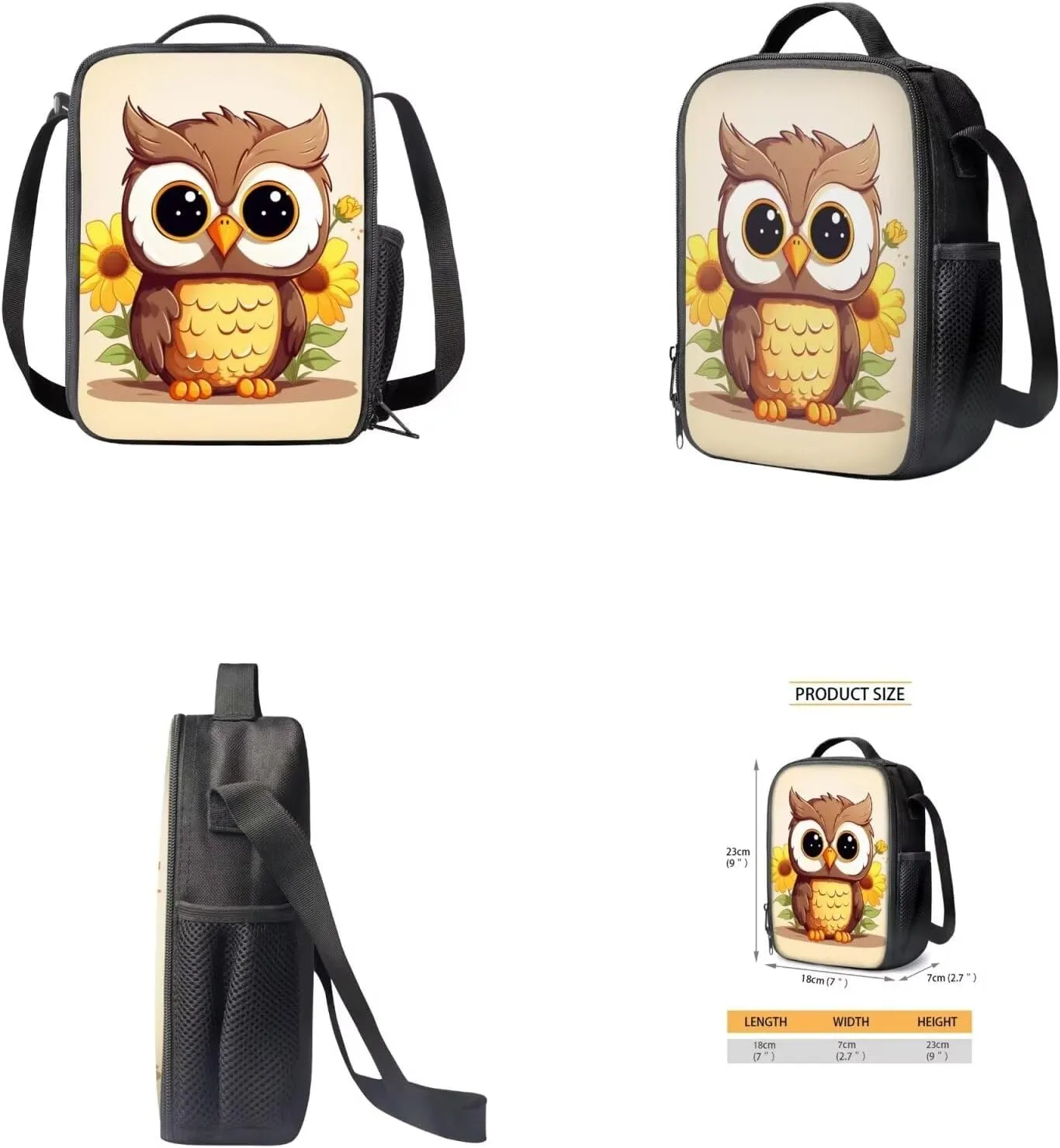 Kawaii Owl School Backpack for Girls Kids Backpack 17 Inch Sunflower Backpack Padded and Compartments 4 Piece Aesthetic Book Pack with Lunch Bag Pencil Case Fashion Rucksacks