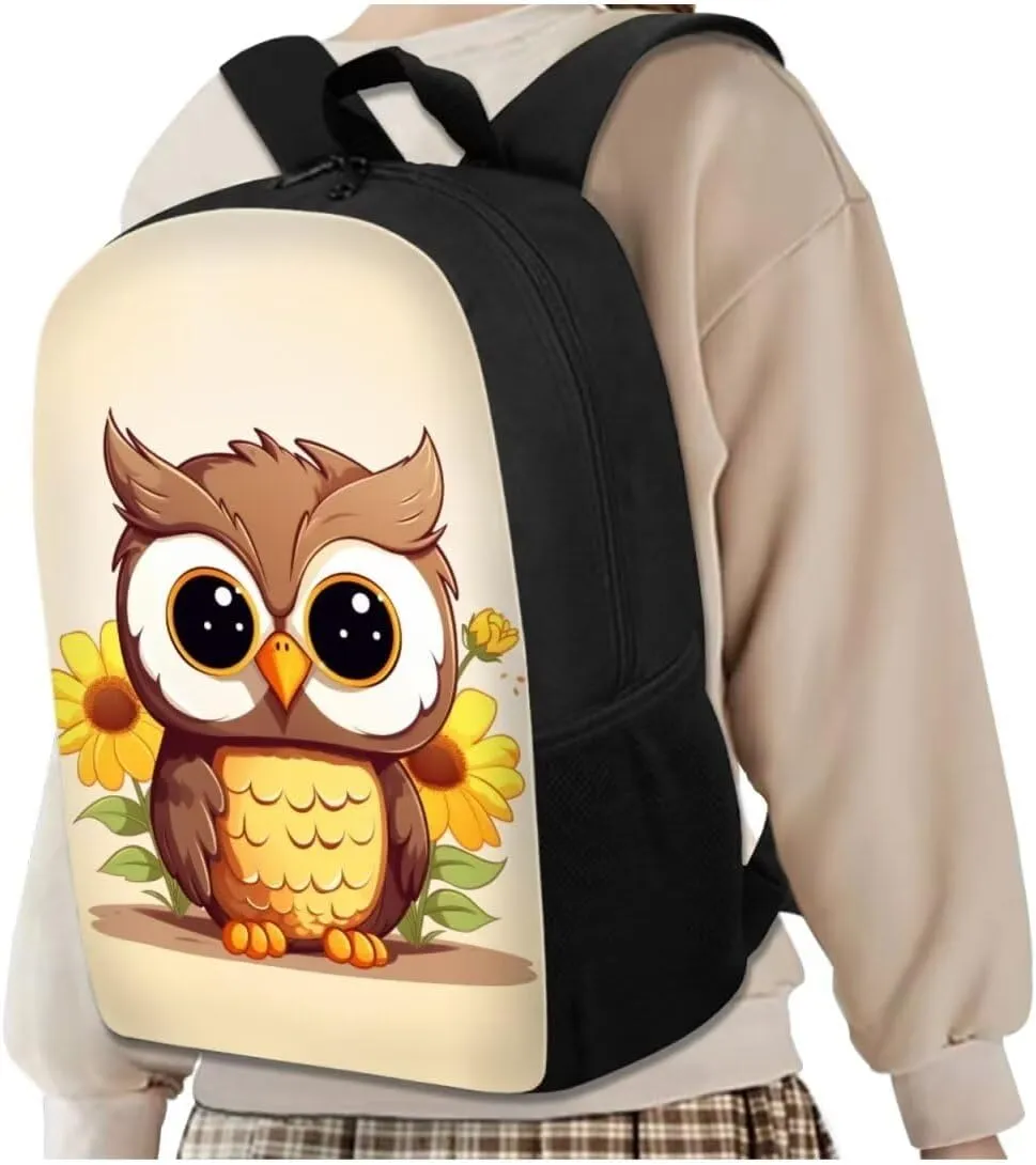 Kawaii Owl School Backpack for Girls Kids Backpack 17 Inch Sunflower Backpack Padded and Compartments 4 Piece Aesthetic Book Pack with Lunch Bag Pencil Case Fashion Rucksacks