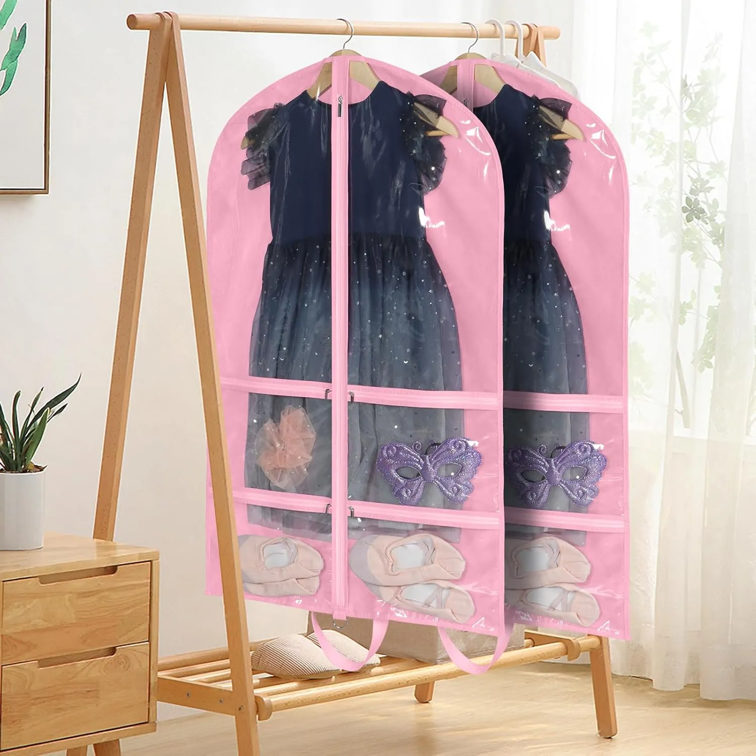 KEEGH Clear Garment Bags for Dance Costumes 40 inch Dance Garment Bags for Dancers Hanging Clothes for Closet Storage, with 4 Zipper Pockets for Dance Competitions, Ballet, Theatre, 6 Pack, Pink