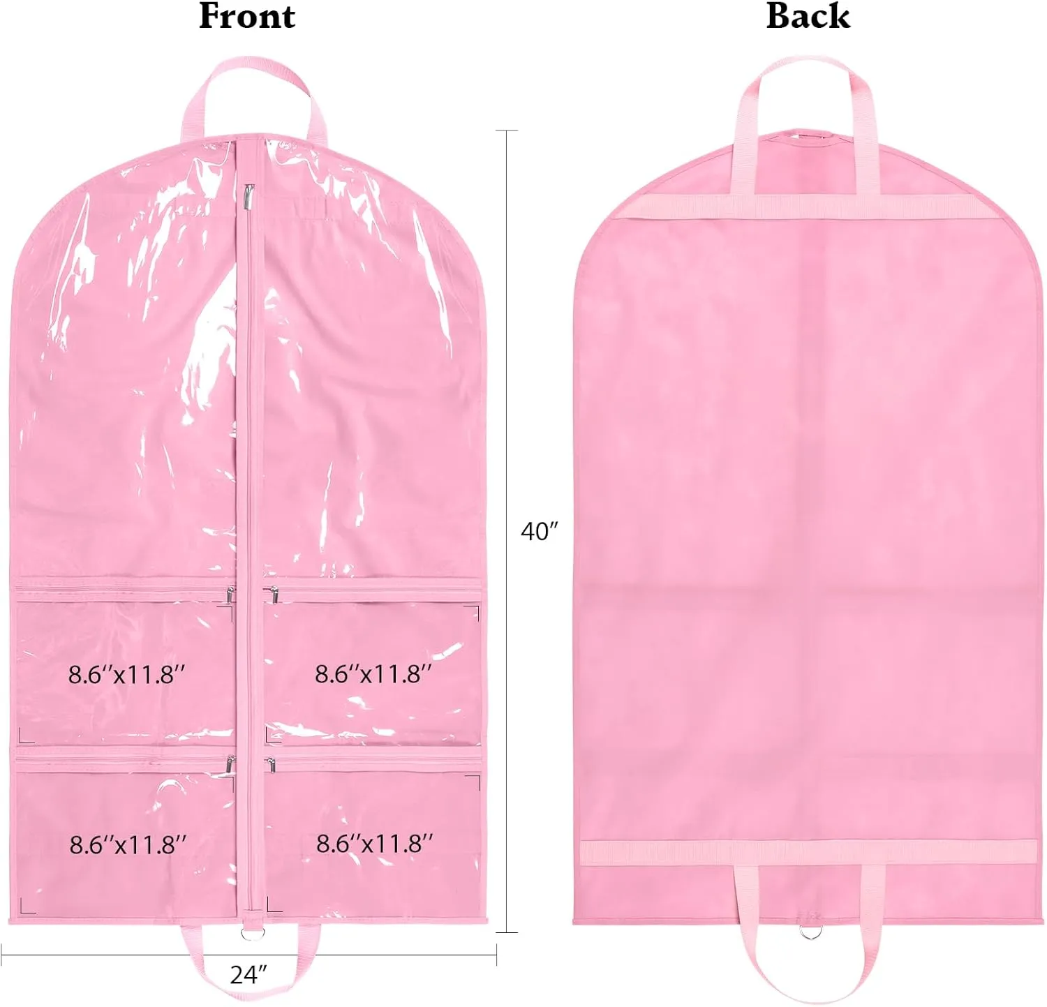 KEEGH Clear Garment Bags for Dance Costumes 40 inch Dance Garment Bags for Dancers Hanging Clothes for Closet Storage, with 4 Zipper Pockets for Dance Competitions, Ballet, Theatre, 6 Pack, Pink