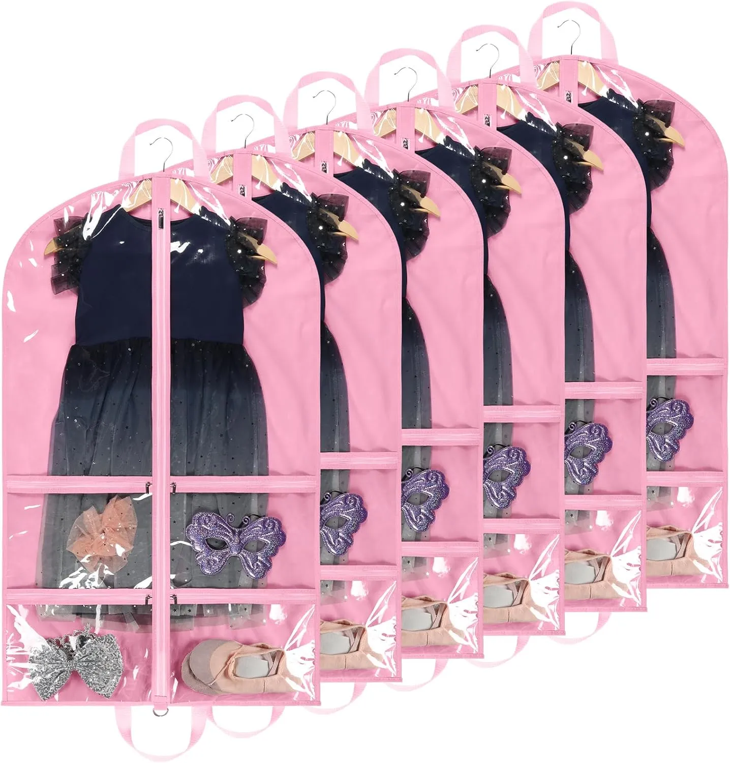 KEEGH Clear Garment Bags for Dance Costumes 40 inch Dance Garment Bags for Dancers Hanging Clothes for Closet Storage, with 4 Zipper Pockets for Dance Competitions, Ballet, Theatre, 6 Pack, Pink