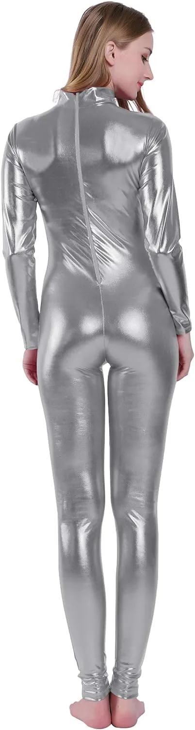 Kepblom Shiny Metallic Unitard Turtleneck Long Sleeve Footless Zentai Suit Catsuit Dancewear