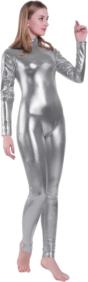 Kepblom Shiny Metallic Unitard Turtleneck Long Sleeve Footless Zentai Suit Catsuit Dancewear