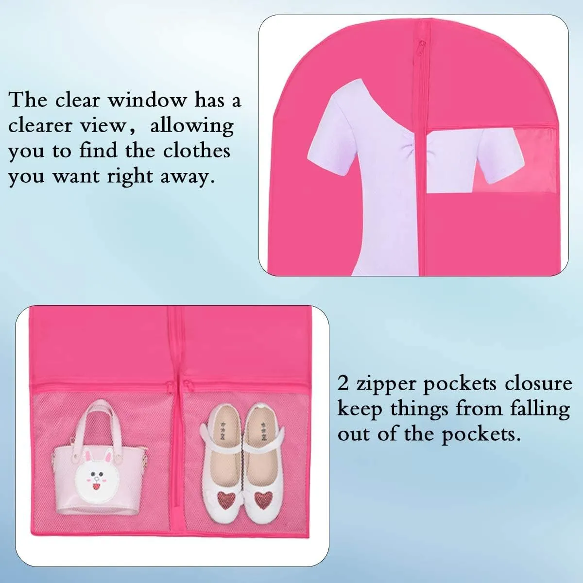Kernorv 36" Foldable Dance Competitions Garment Bag with 2 Zipper Mesh Pockets and Clear Window for Dance Costumes, Storage or Travel (3 Pack,Pink)