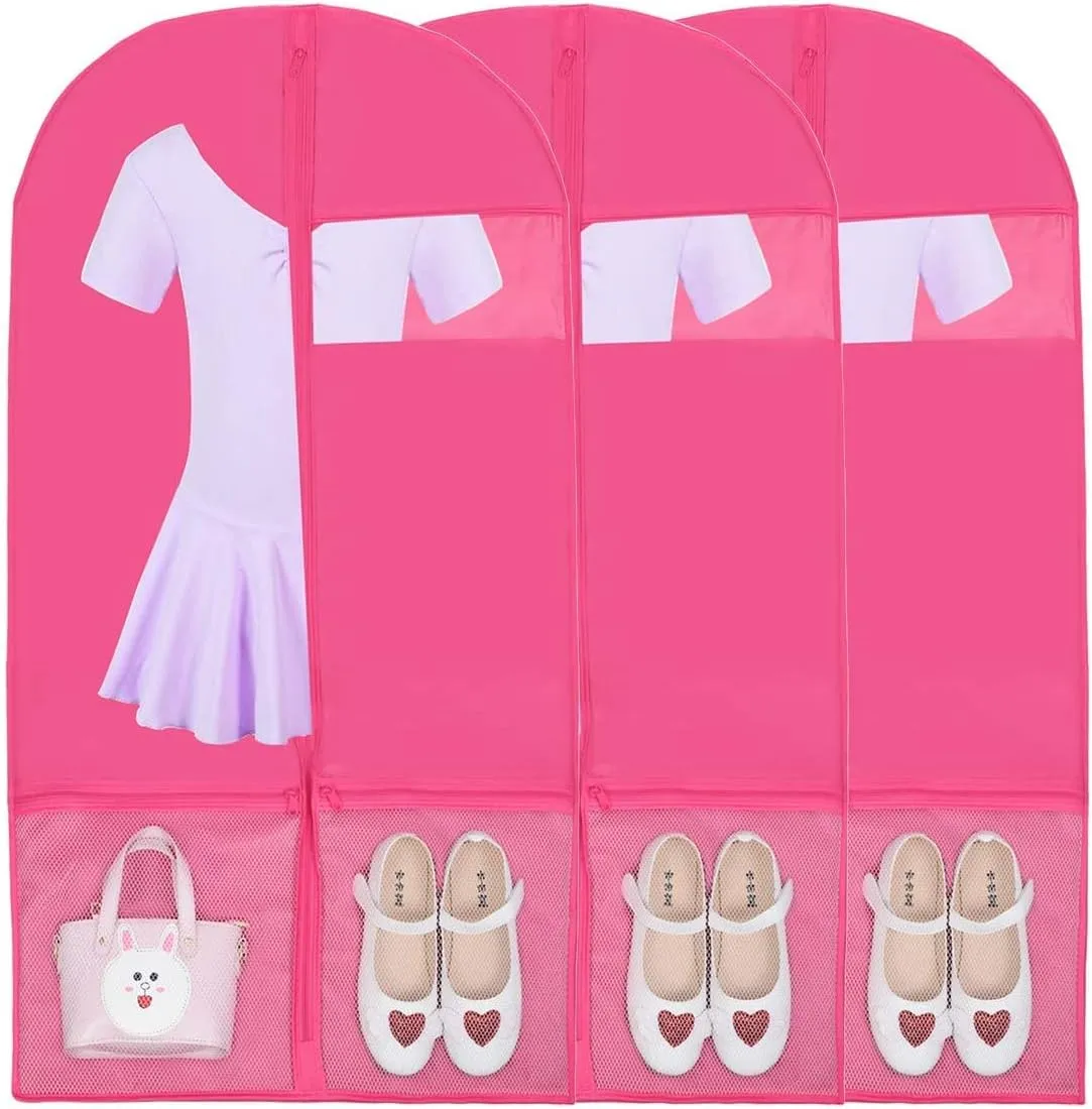 Kernorv 36" Foldable Dance Competitions Garment Bag with 2 Zipper Mesh Pockets and Clear Window for Dance Costumes, Storage or Travel (3 Pack,Pink)