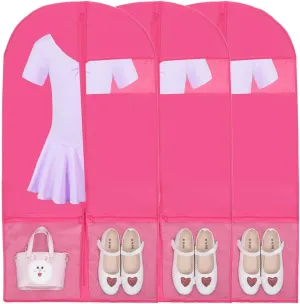 Kernorv 36" Foldable Dance Competitions Garment Bag with 2 Zipper Mesh Pockets and Clear Window for Dance Costumes, Storage or Travel (3 Pack,Pink)