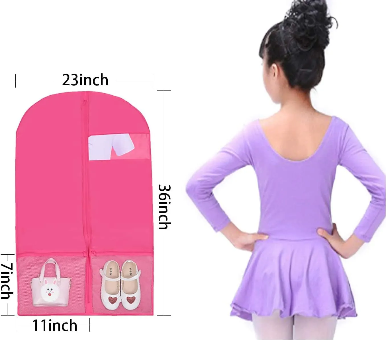 Kernorv 36" Foldable Dance Competitions Garment Bag with 2 Zipper Mesh Pockets and Clear Window for Dance Costumes, Storage or Travel (3 Pack,Pink)