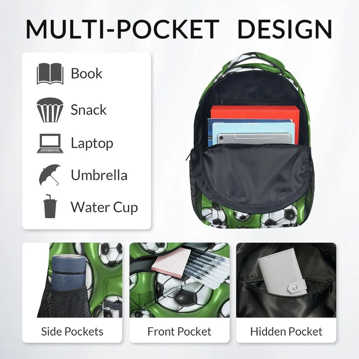 Kid Backpack for Boys - 2D Soccer Ball Bookbag - Lightweight Durable Large Capacity - 17 Inch Green Bookbag for School, Travel and Camp